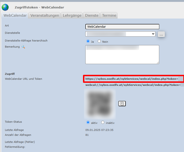 Kopiere die rot markierte URL des Kalenders und füge sie im Dashboard in das Feld "Webadresse" ein